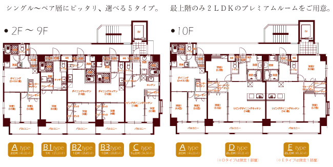 フロアプラン 2階から9階までは5部屋、10階はともに限定1部屋のDタイプとEタイプをご用意。